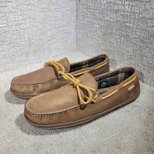 L.L. Bean Men's Size 10M Leather Slip-On Moccasin Slippers Flannel Lined 212164